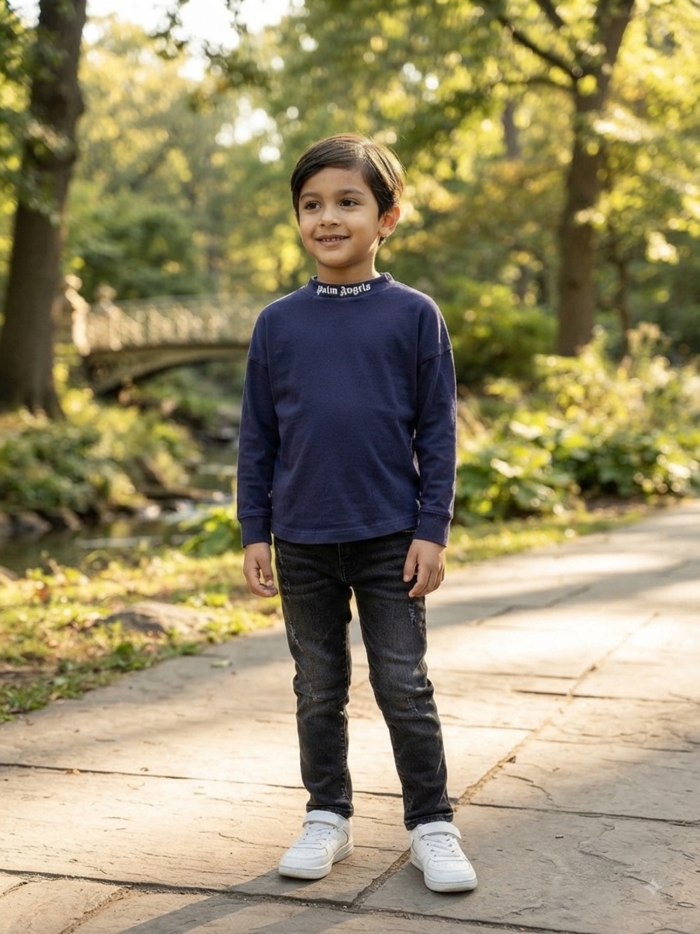 Palm Angels Navy Mock Neck Long-Sleeve Tee for Kids